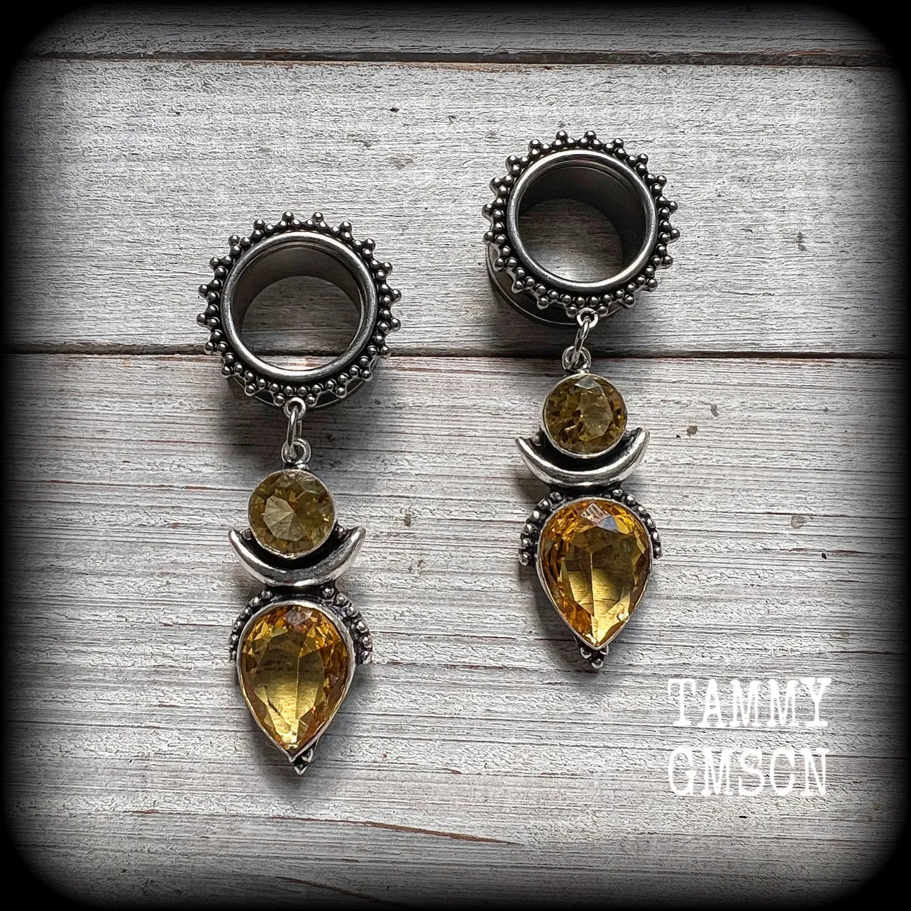 Ornate gemstone tunnel earrings-Citrine tunnel dangles