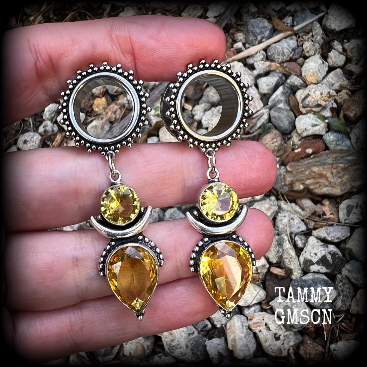 Ornate gemstone tunnel earrings-Citrine tunnel dangles