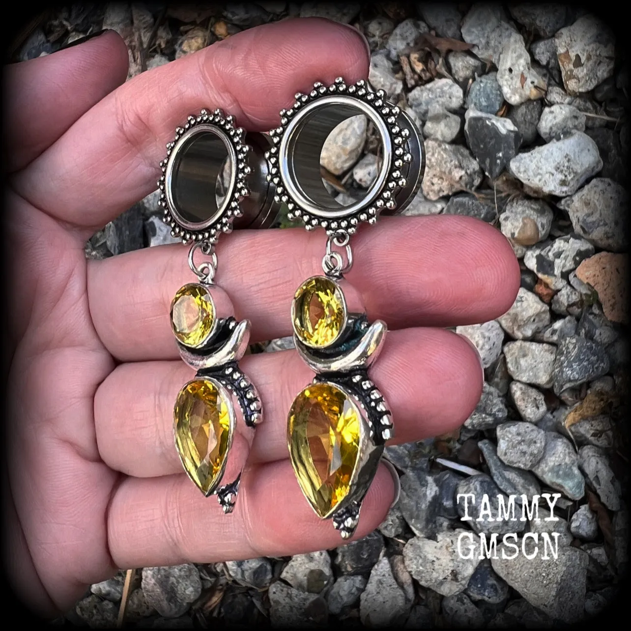 Ornate gemstone tunnel earrings-Citrine tunnel dangles