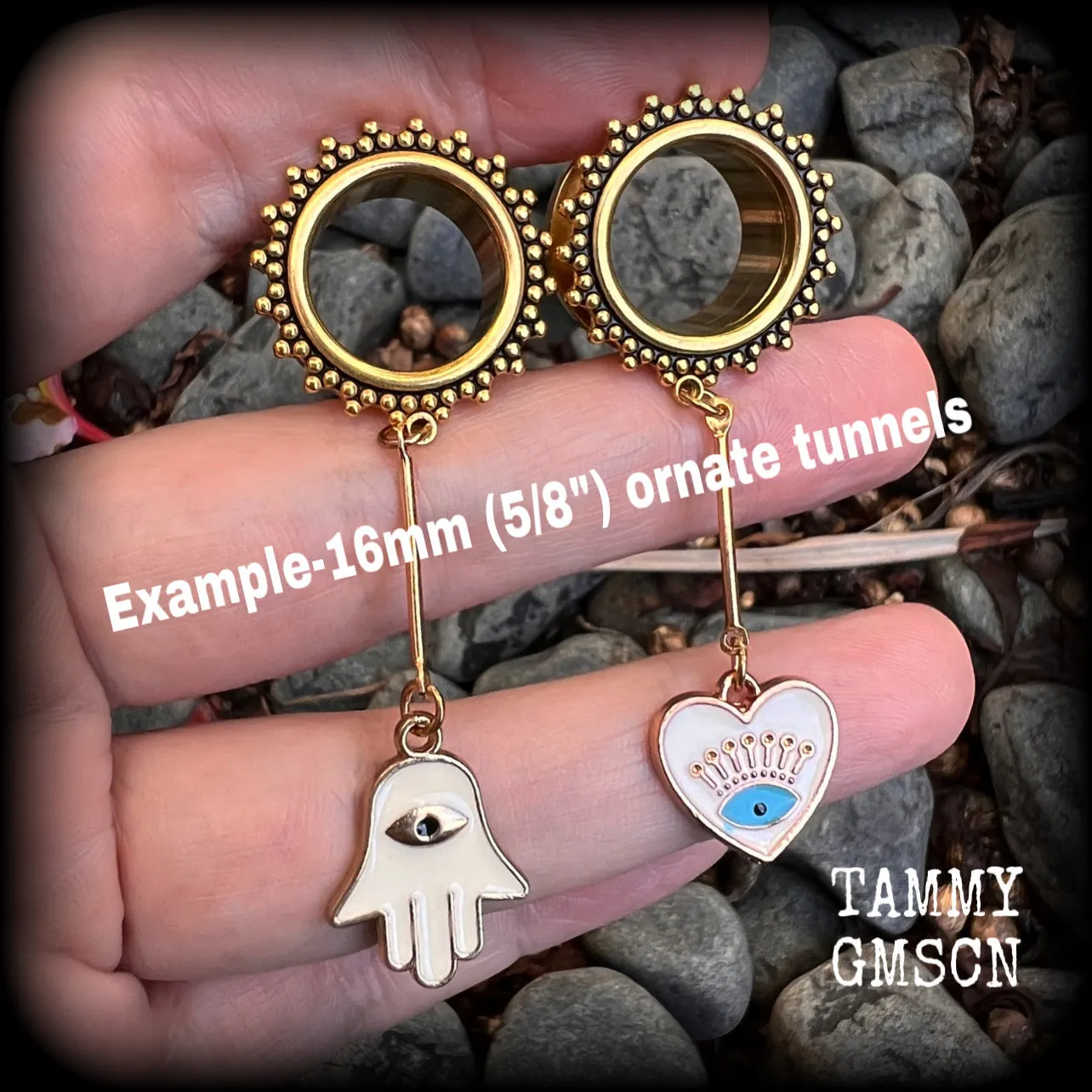 Ornate gold hamsa evil eye tunnels-Boho tunnels