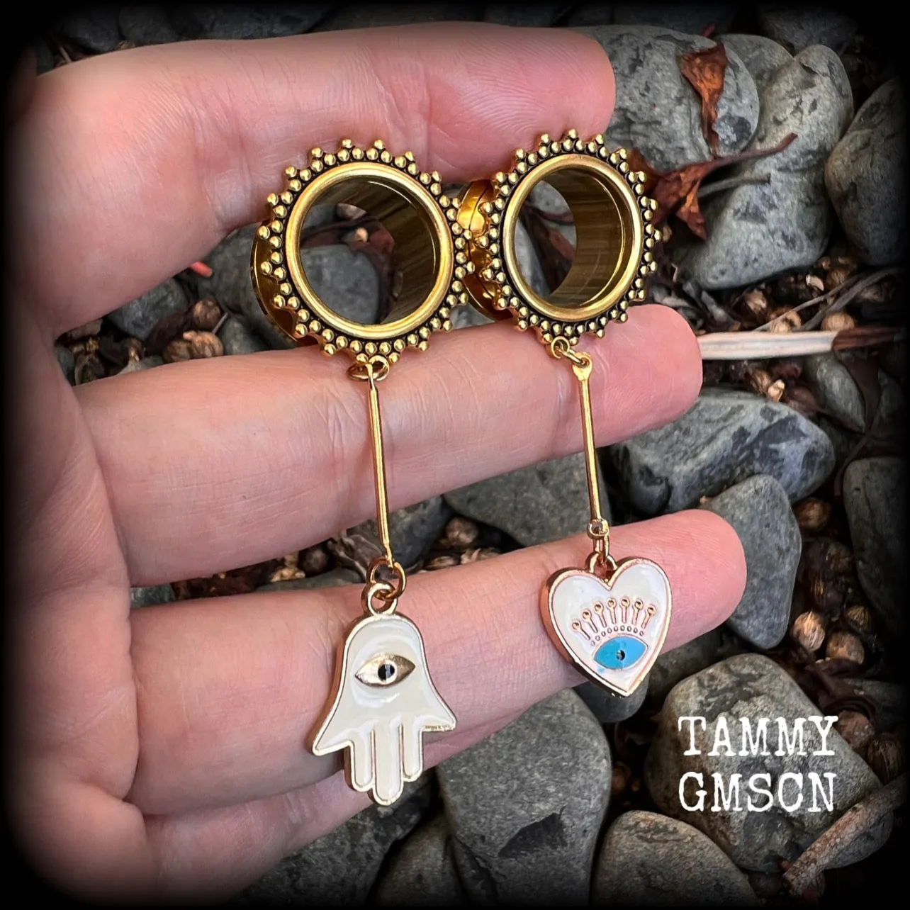 Ornate gold hamsa evil eye tunnels-Boho tunnels