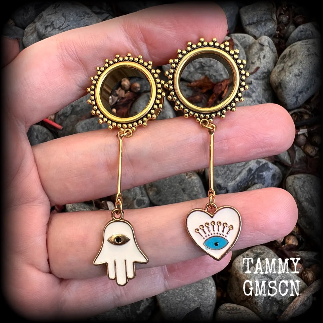 Ornate gold hamsa evil eye tunnels-Boho tunnels