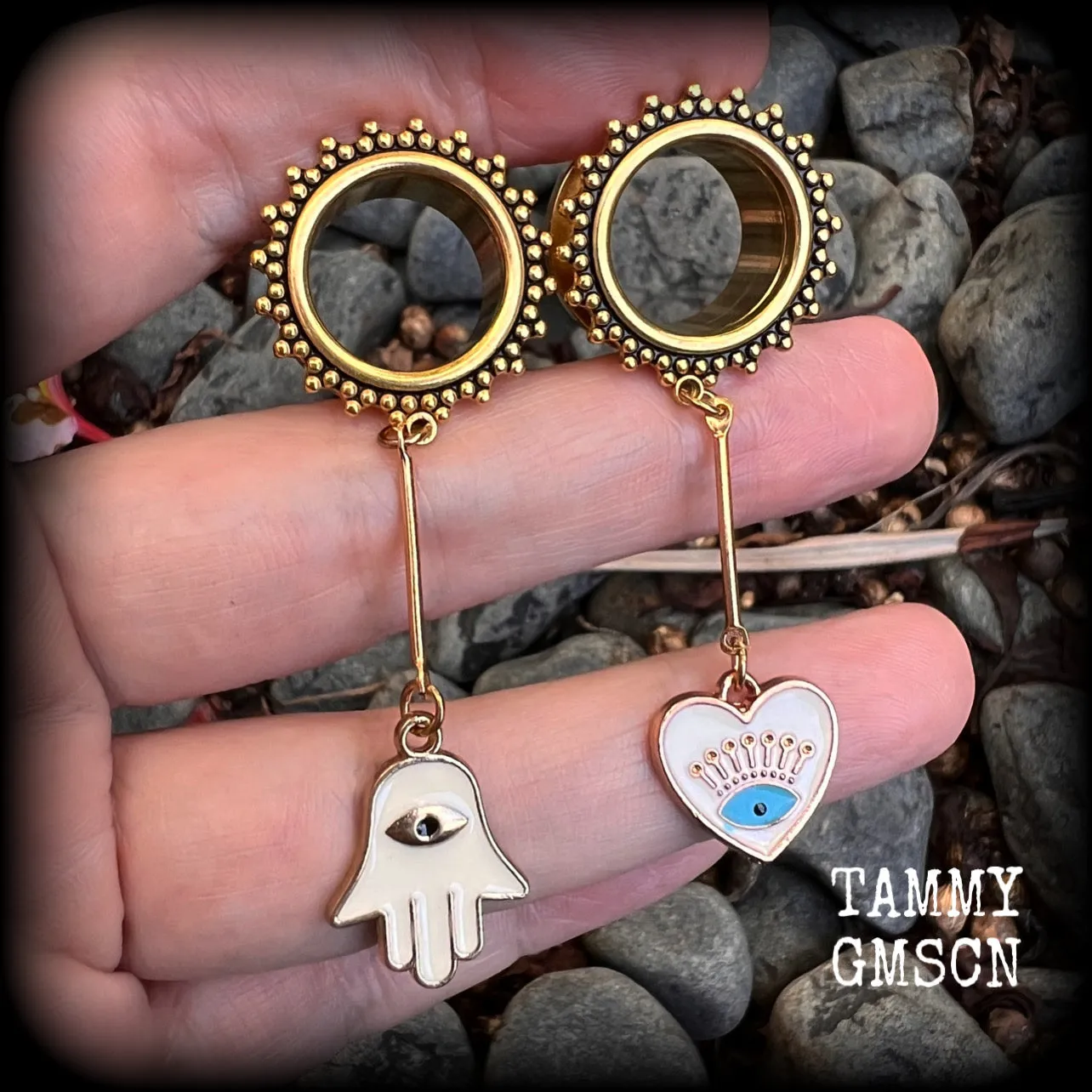 Ornate gold hamsa evil eye tunnels-Boho tunnels