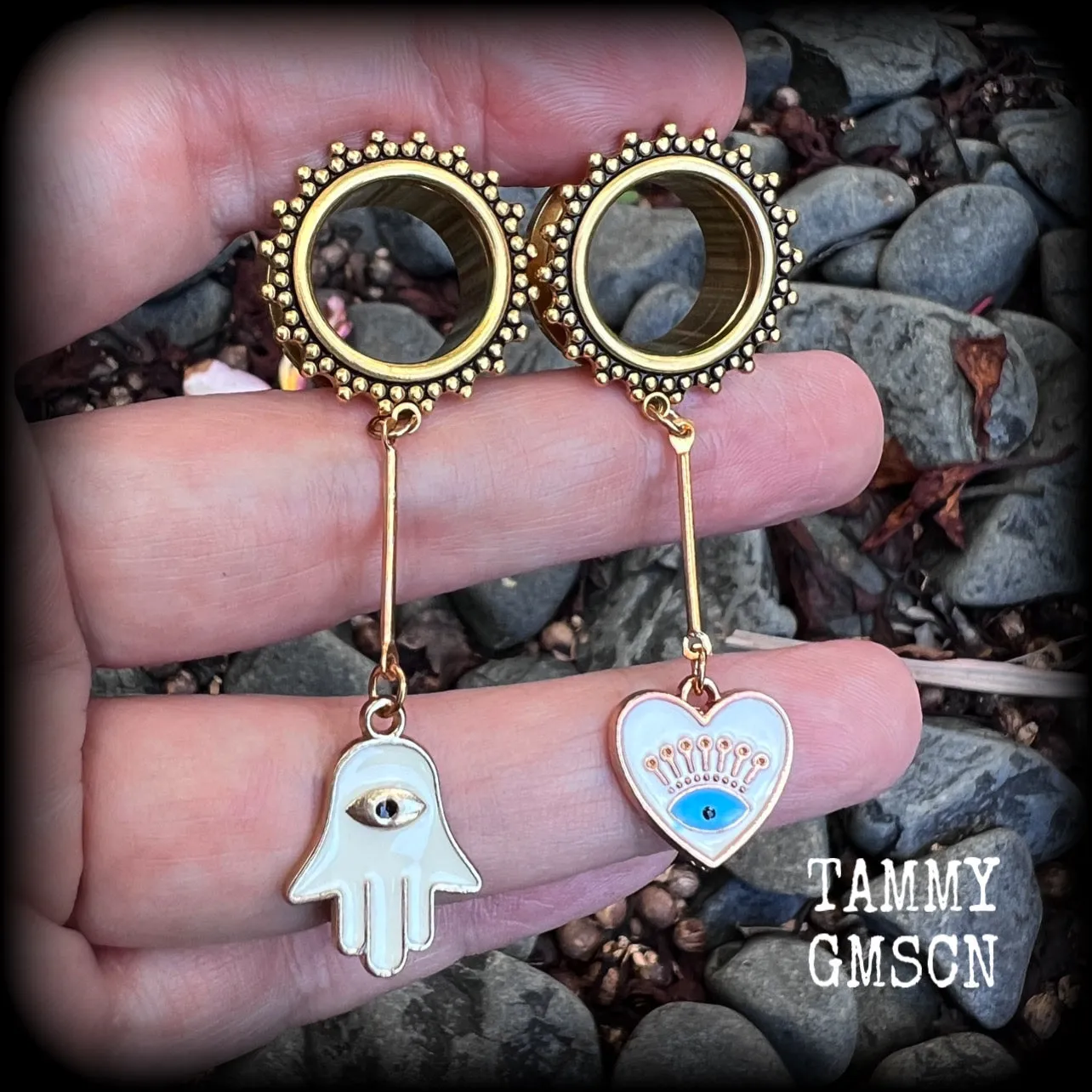 Ornate gold hamsa evil eye tunnels-Boho tunnels