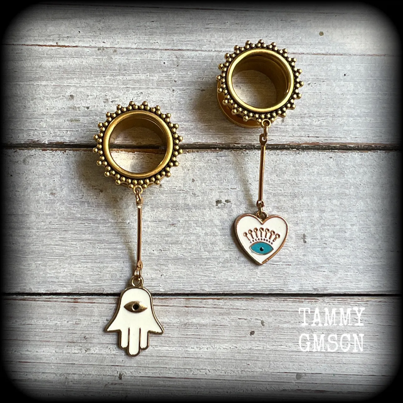 Ornate gold hamsa evil eye tunnels-Boho tunnels