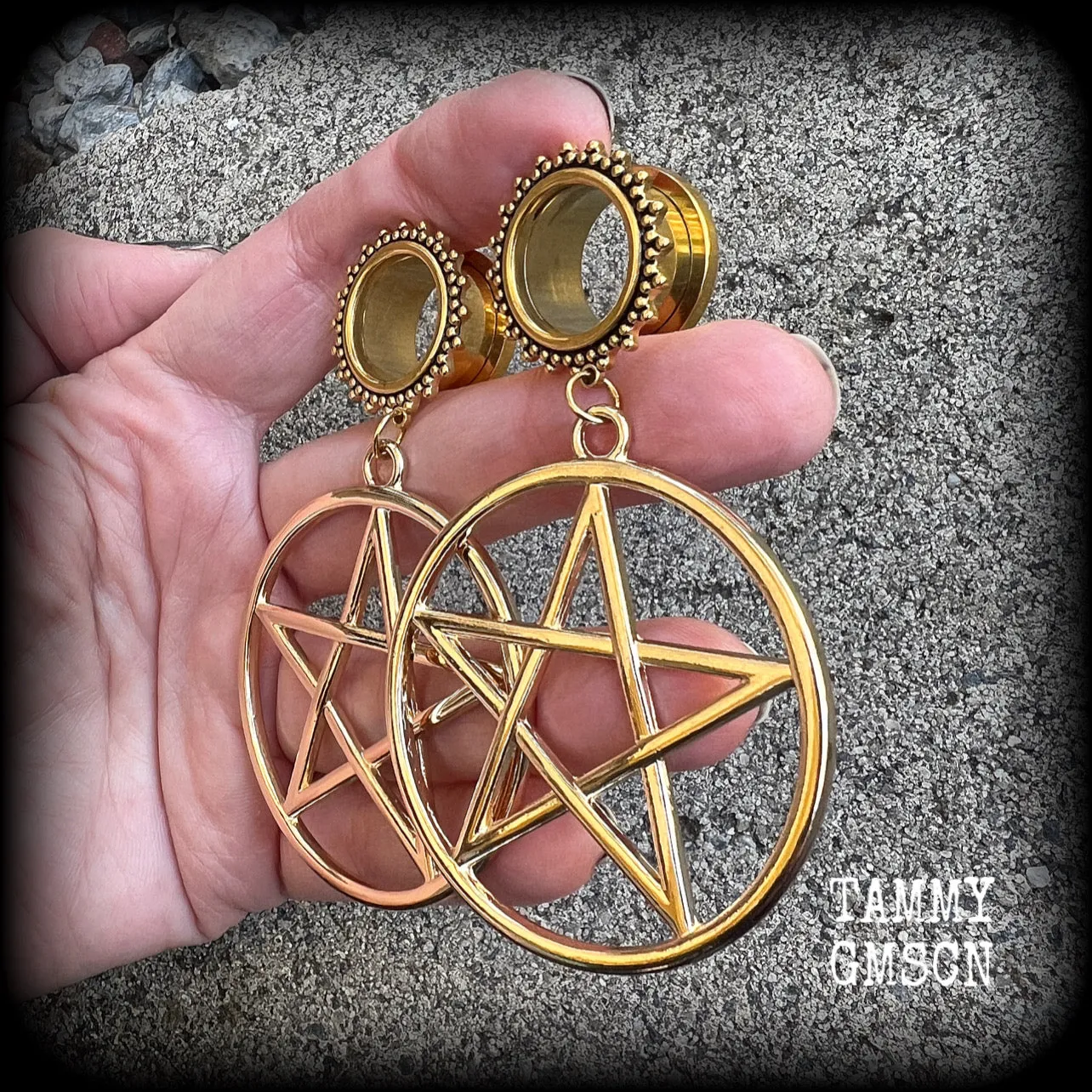 Ornate gold pentagram tunnels-Boho tunnels