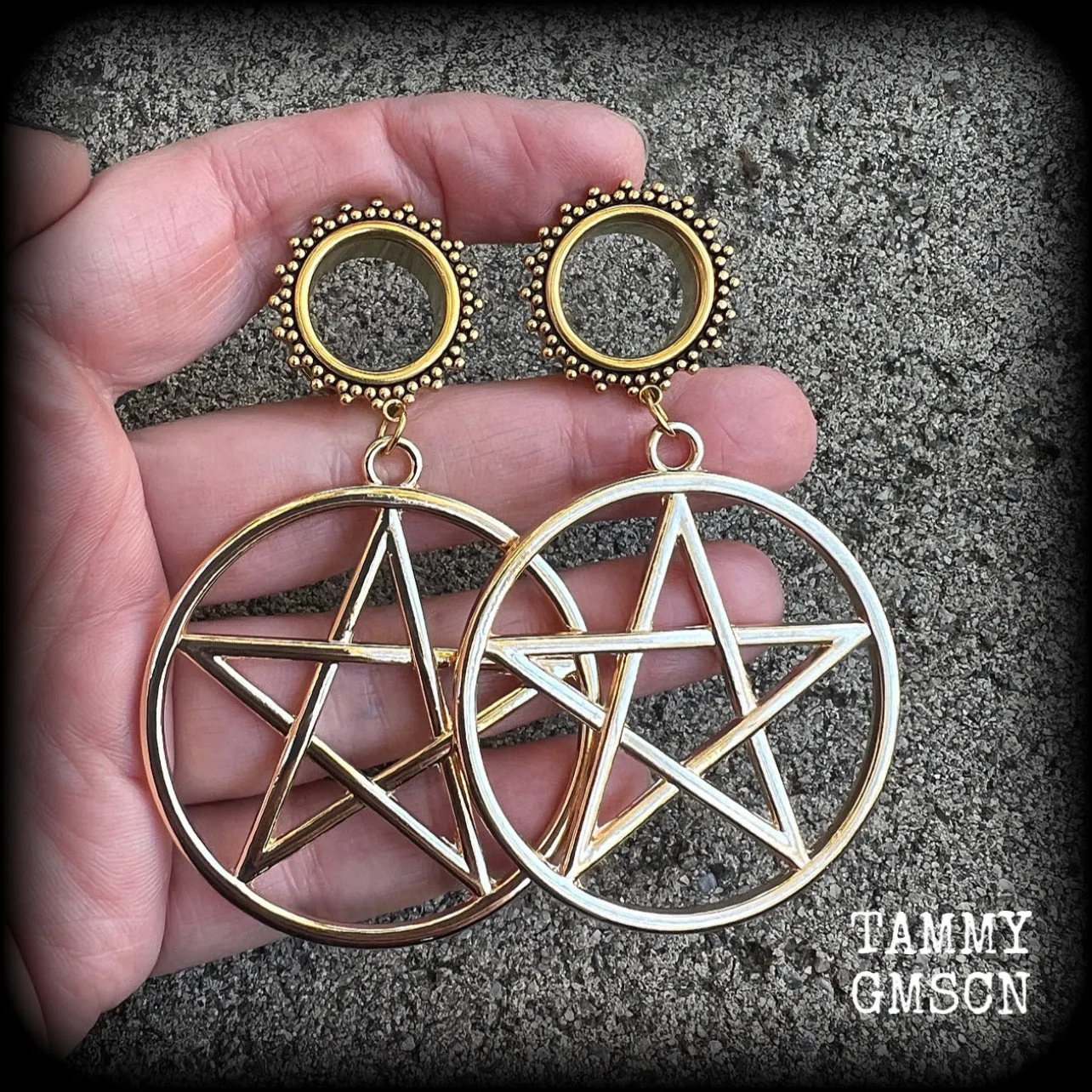 Ornate gold pentagram tunnels-Boho tunnels