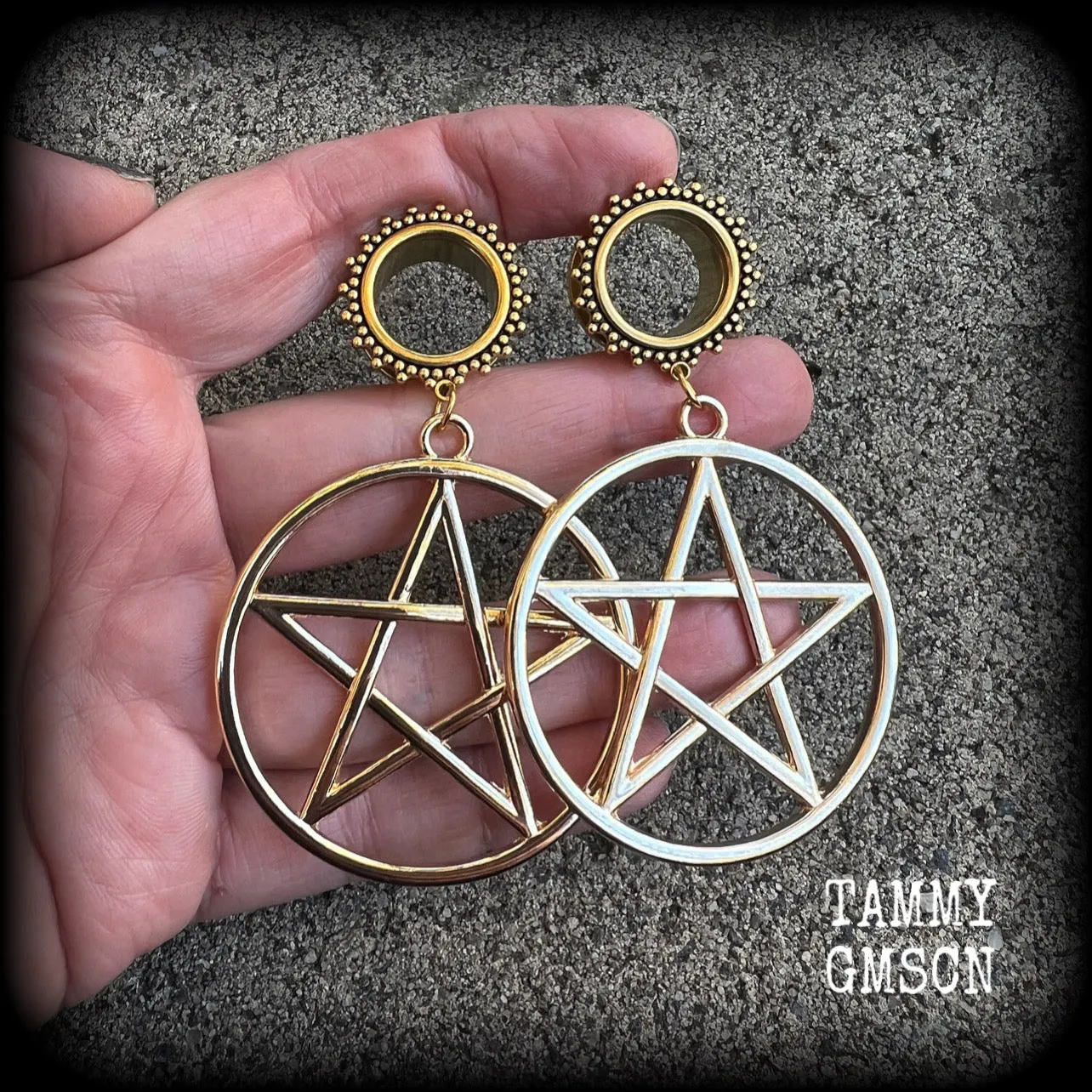 Ornate gold pentagram tunnels-Boho tunnels