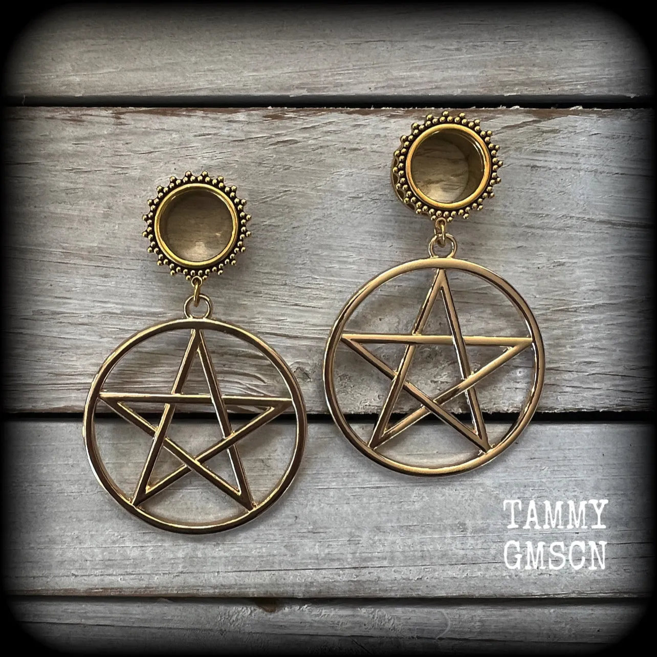 Ornate gold pentagram tunnels-Boho tunnels