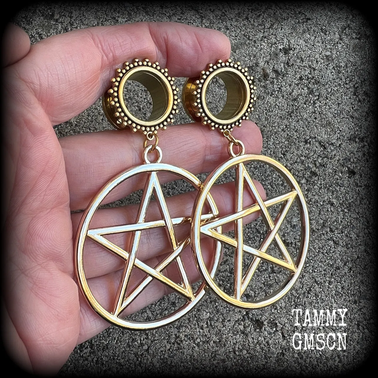 Ornate gold pentagram tunnels-Boho tunnels