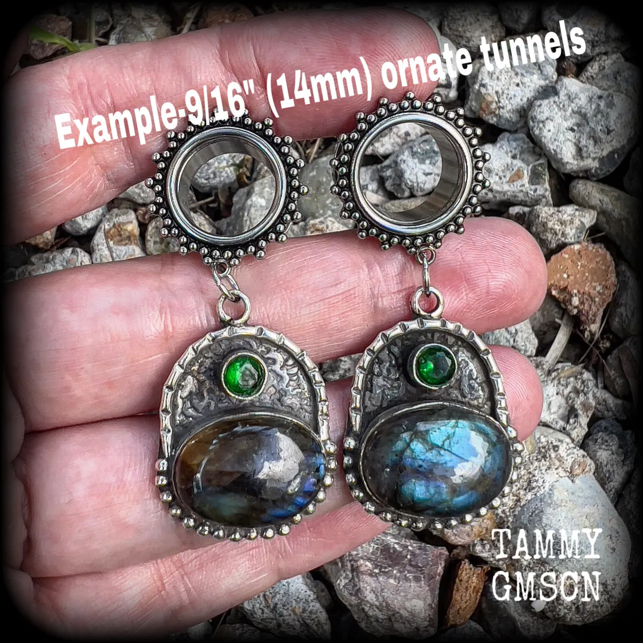 Ornate Labradorite gemstone tunnel earrings