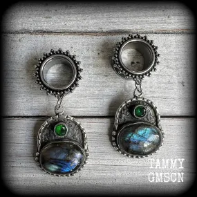 Ornate Labradorite gemstone tunnel earrings