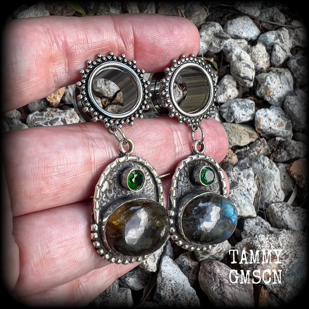 Ornate Labradorite gemstone tunnel earrings