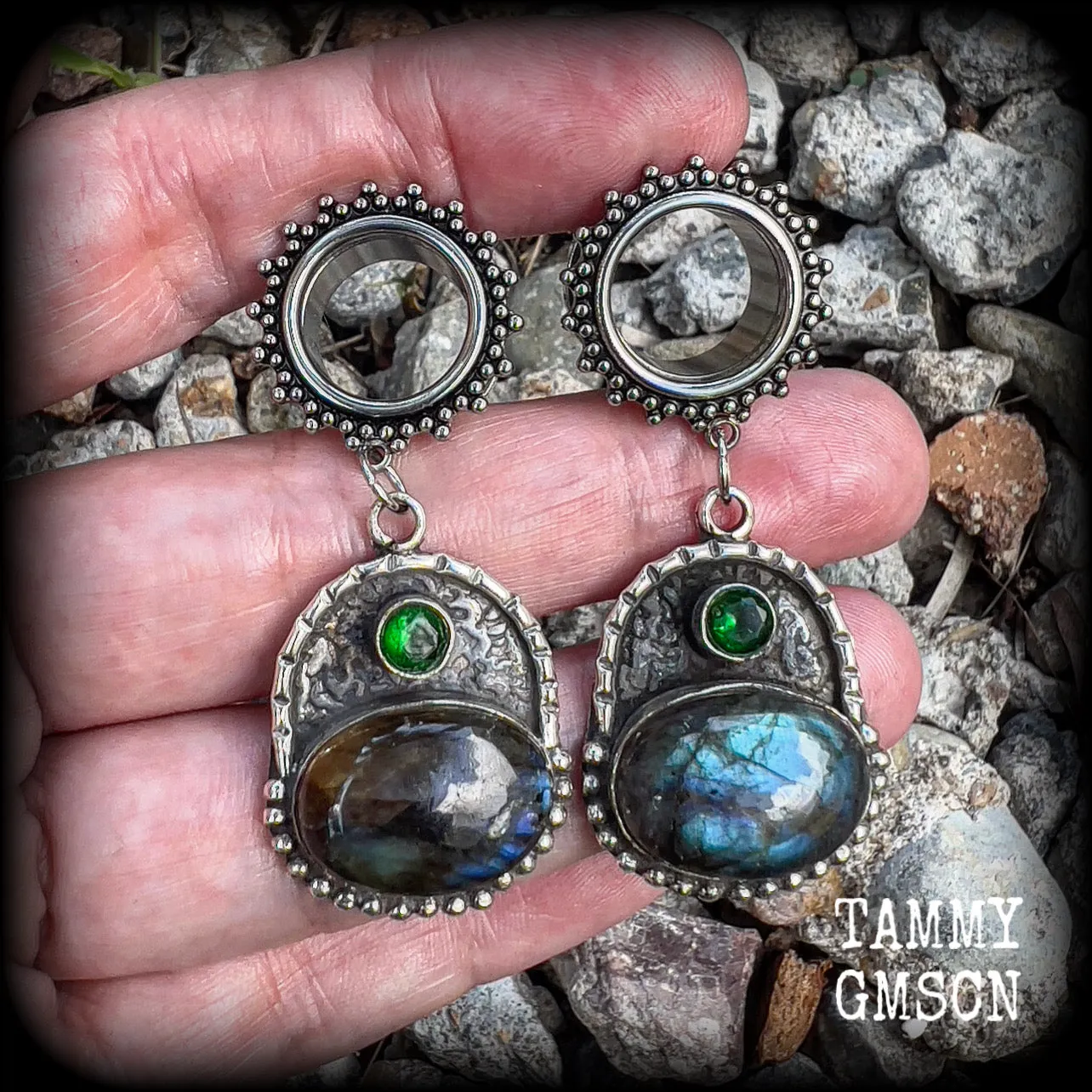 Ornate Labradorite gemstone tunnel earrings
