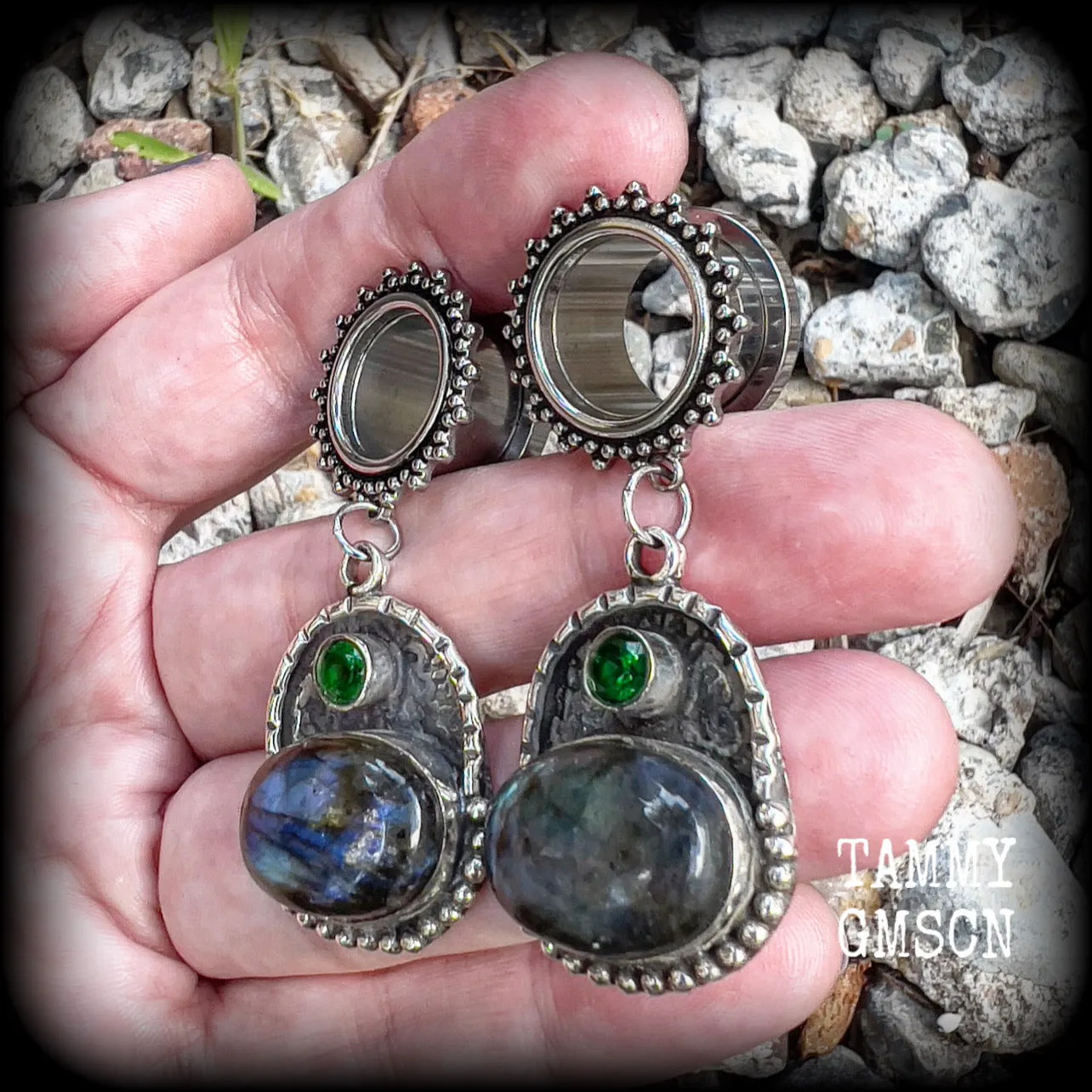 Ornate Labradorite gemstone tunnel earrings