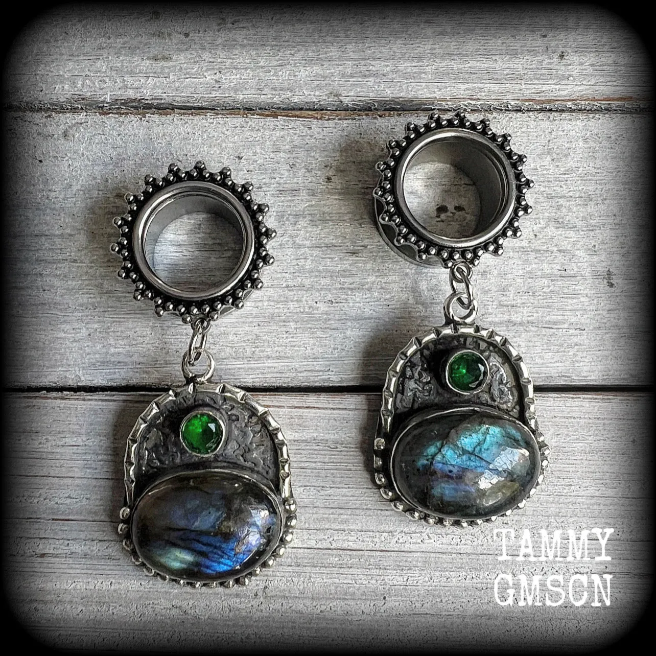 Ornate Labradorite gemstone tunnel earrings