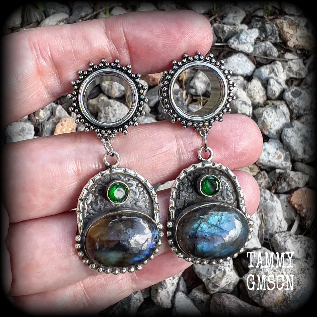 Ornate Labradorite gemstone tunnel earrings