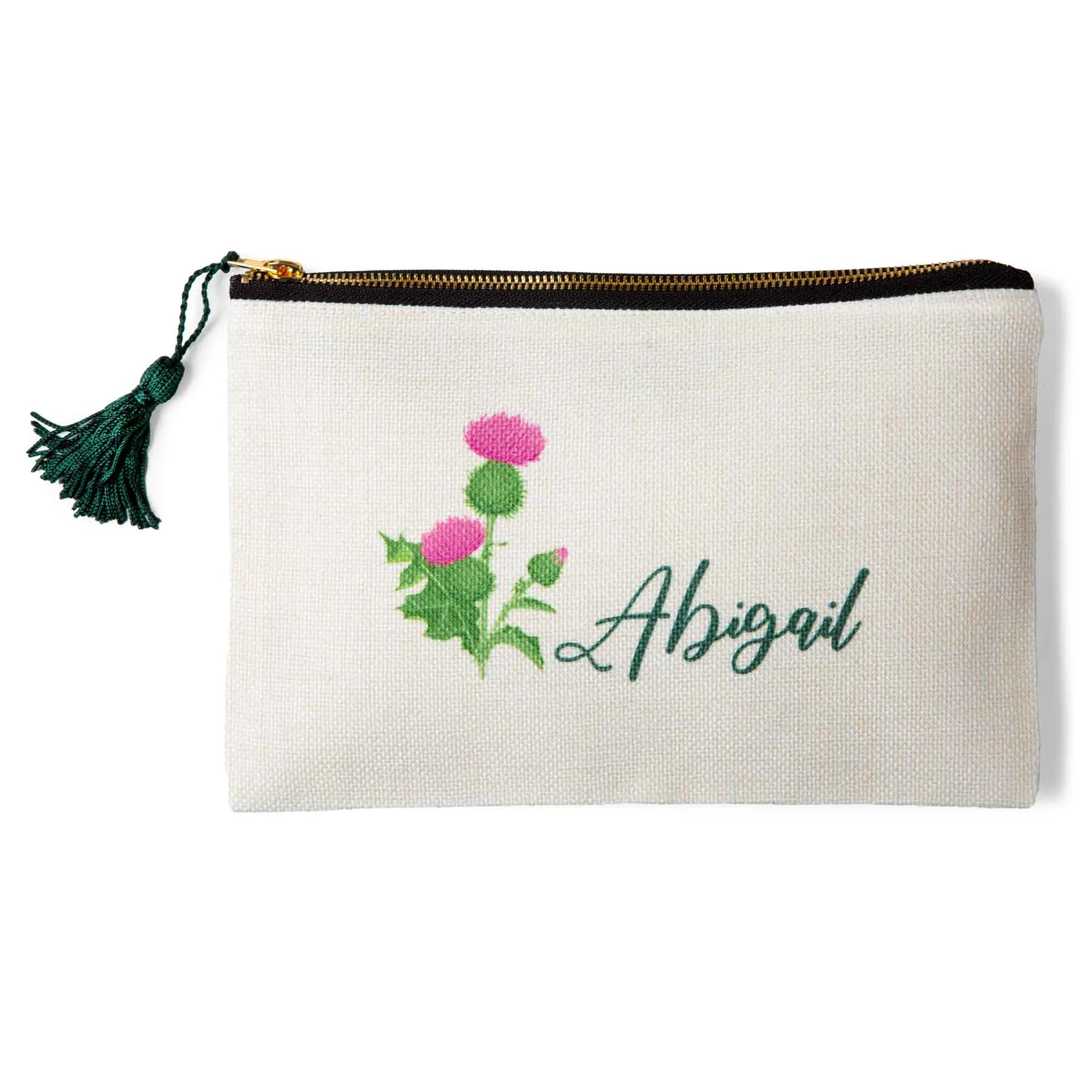 Personalized Scottish Thistle Makeup Bag with Green Tassel