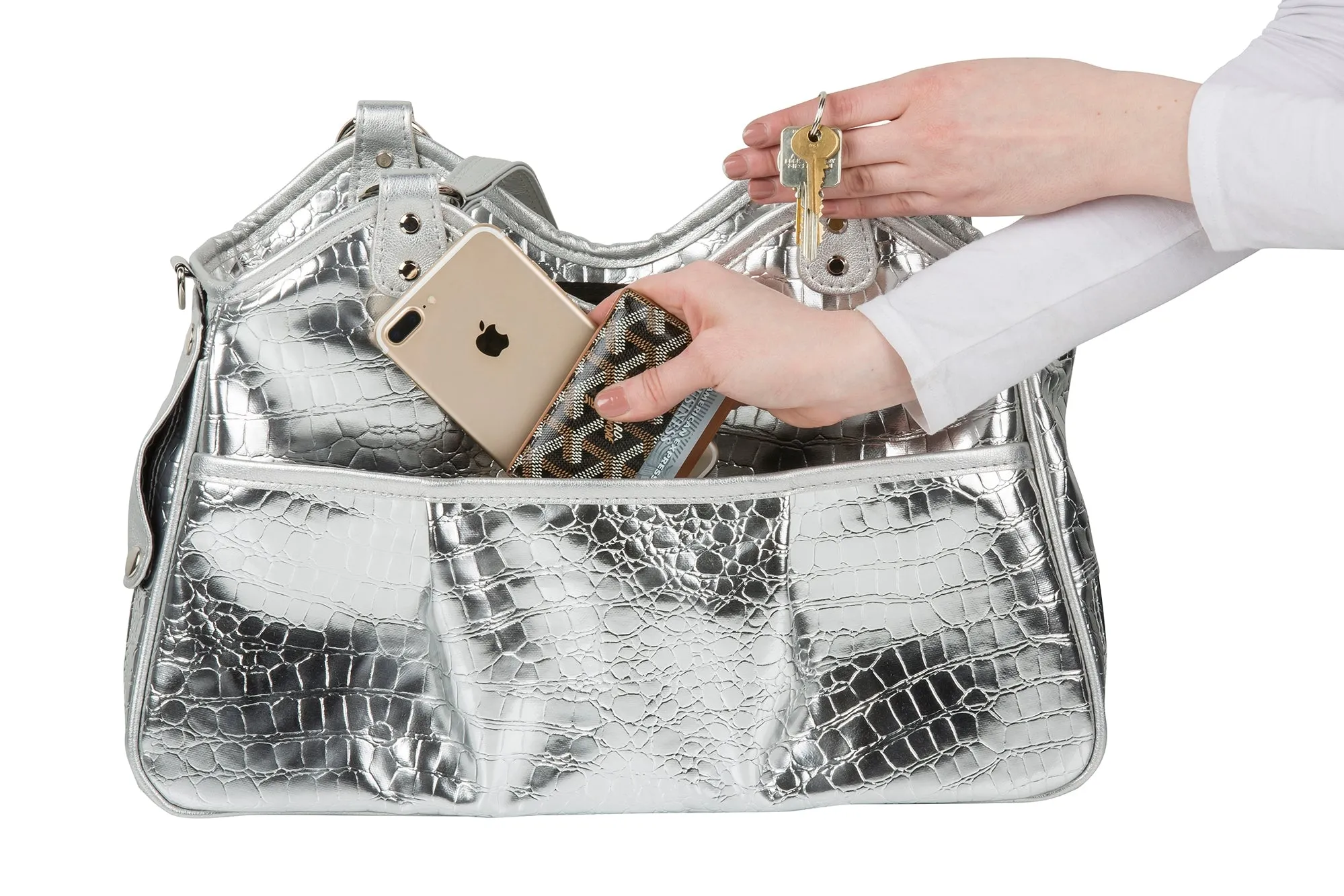 Petote Metro Dog Carrier - Silver Faux Gator With Tassel