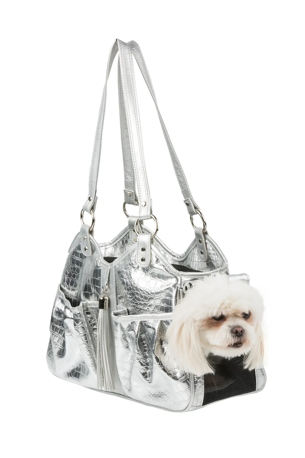 Petote Metro Dog Carrier - Silver Faux Gator With Tassel