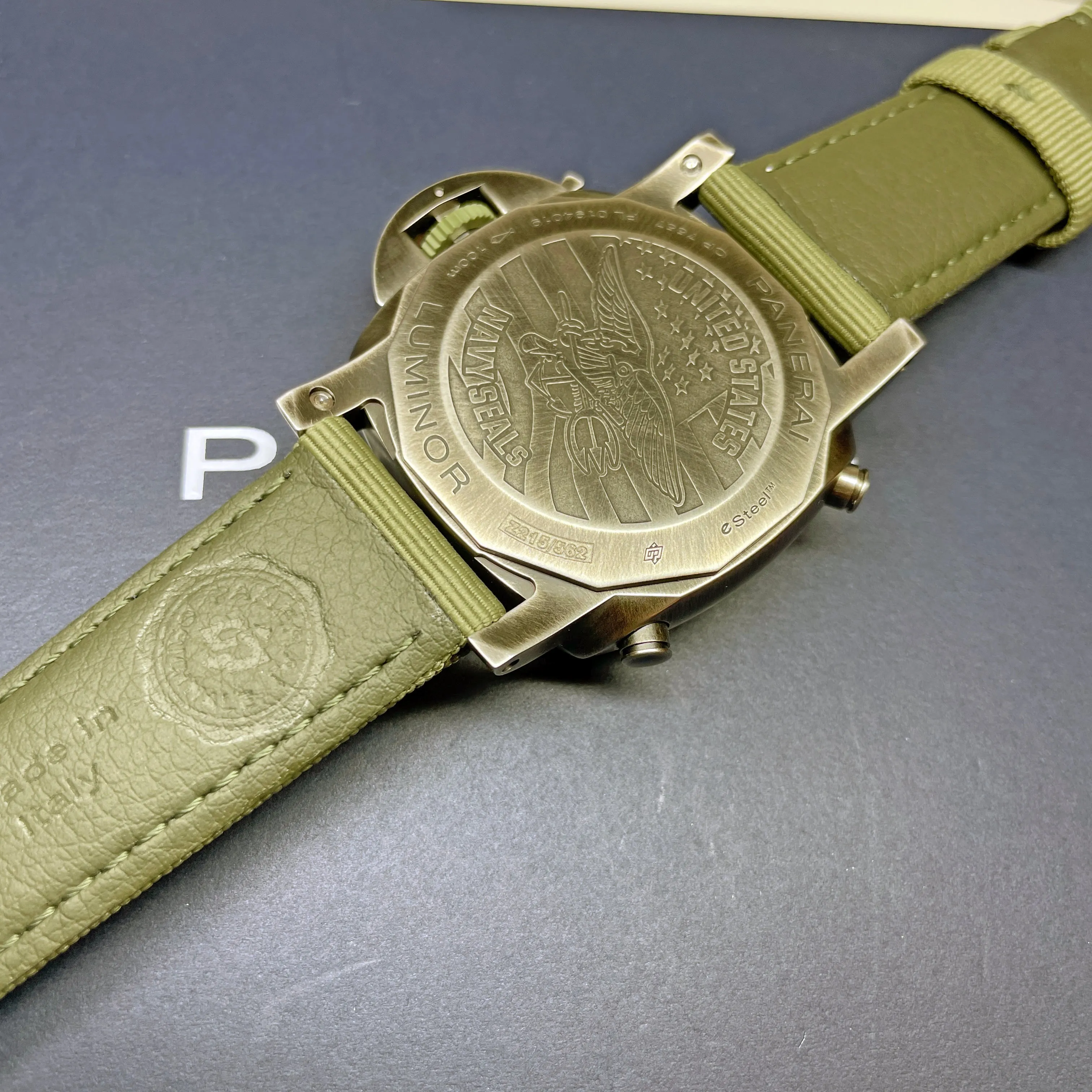 Pre-owned Panerai Luminor Chrono Navy SEALs PAM01409 Green Watch 44mm