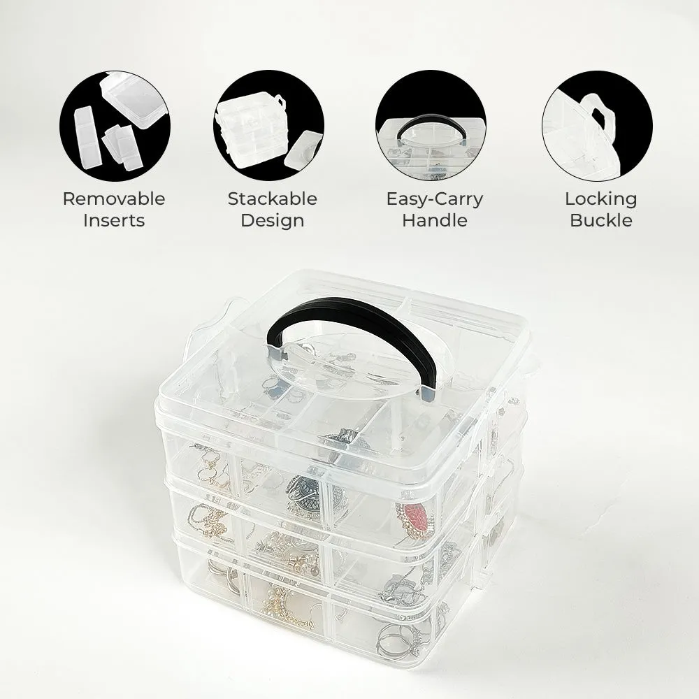 Qoolish 3-Layer Portable Jewelry Organizer Box - Transparent with Dividers