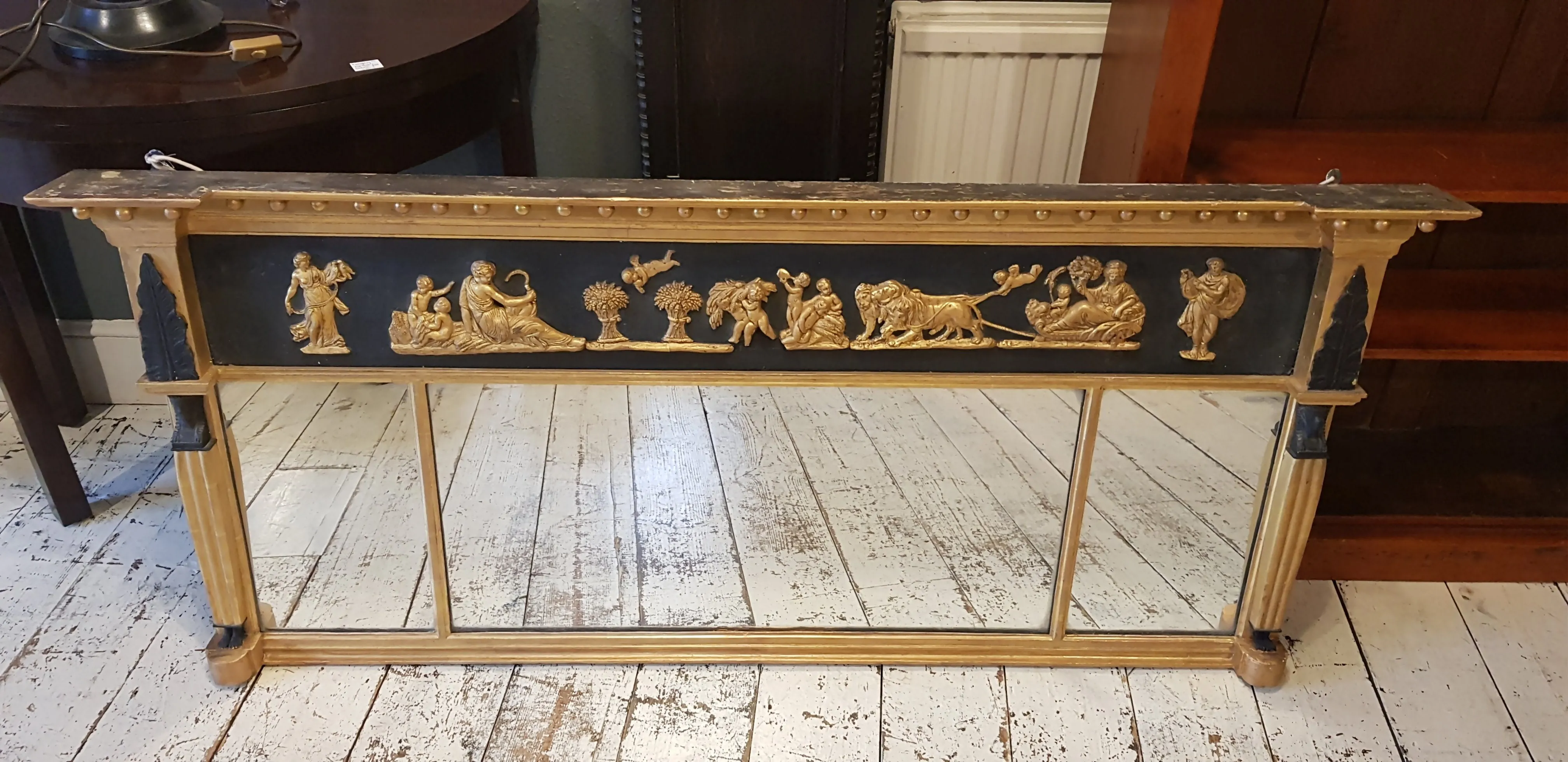 Rare Late Regency Triple Glazed Over Mantle Mirror With Egyptian Caryatid Grecian Scene Antique circa 1830's