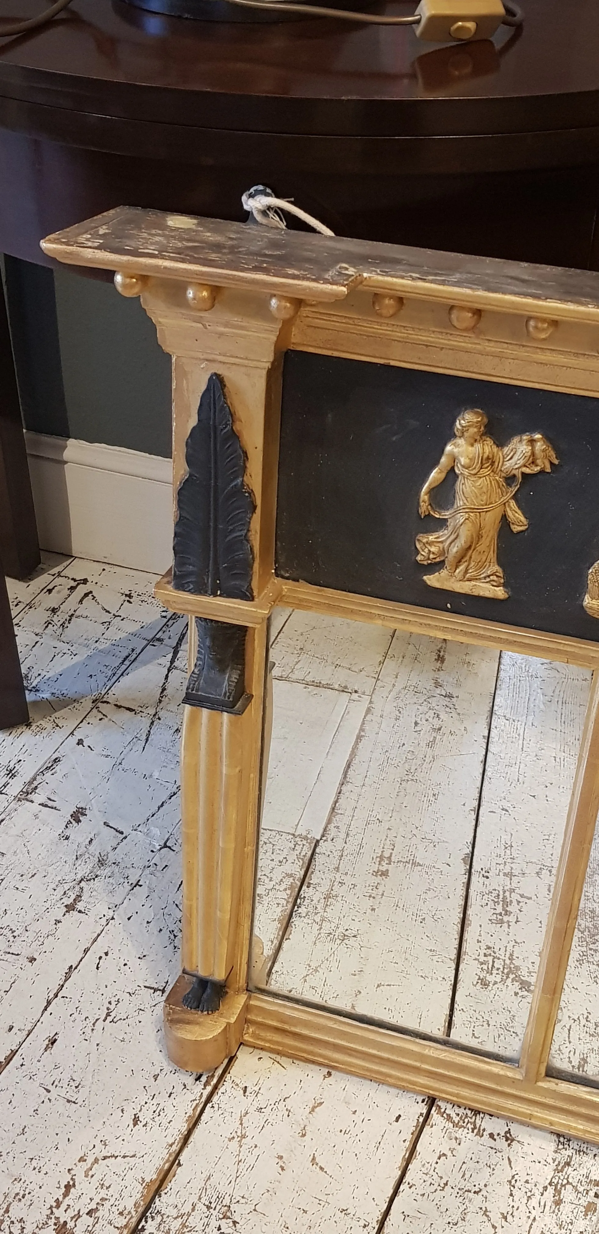 Rare Late Regency Triple Glazed Over Mantle Mirror With Egyptian Caryatid Grecian Scene Antique circa 1830's