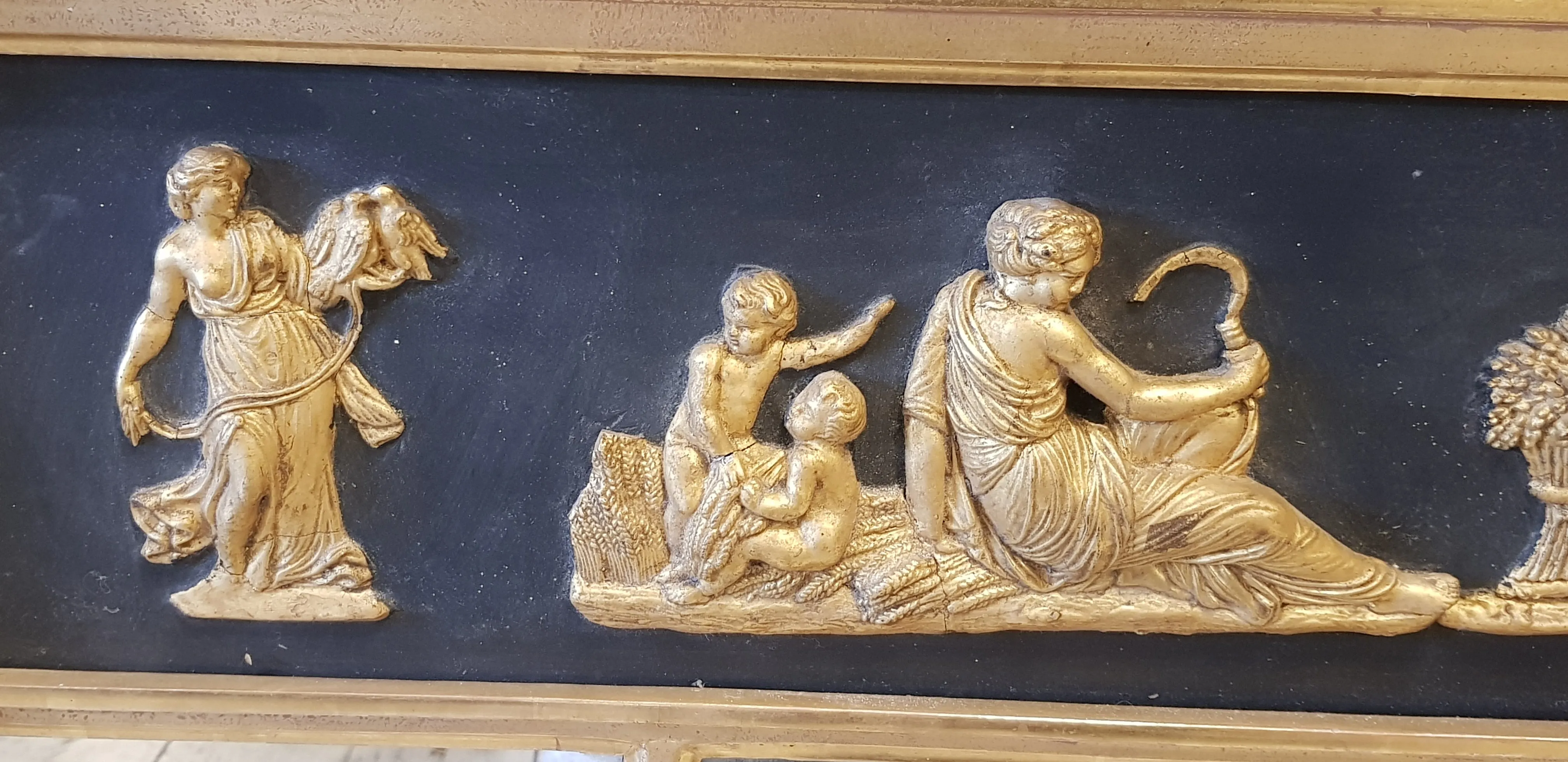 Rare Late Regency Triple Glazed Over Mantle Mirror With Egyptian Caryatid Grecian Scene Antique circa 1830's