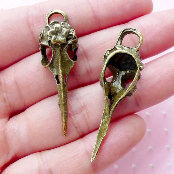 Raven Skull Charms (2pcs / 13mm x 42mm / Antique Bronze) Bird Skull Pendant Necklace Crow Taxidermy Steampunk Goth Gothic Jewellery CHM1825
