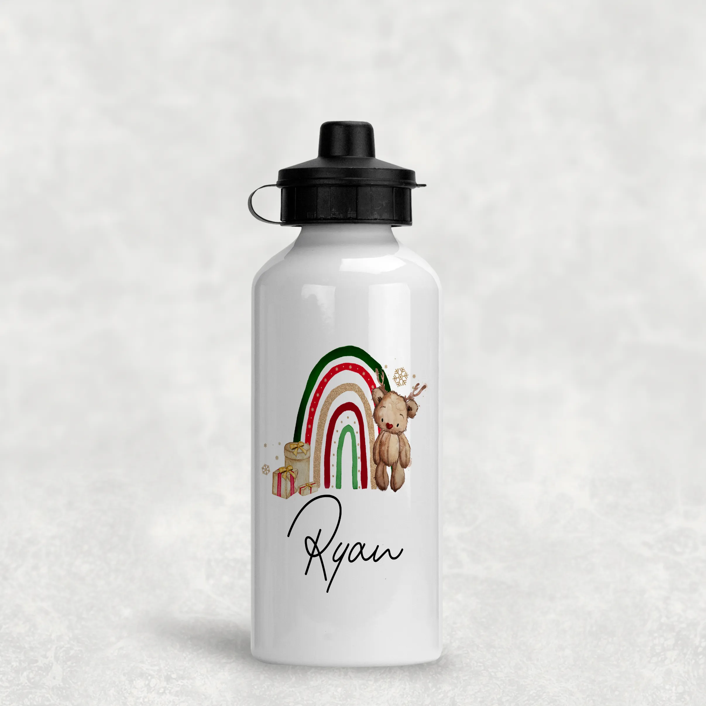 Reindeer Bear Rainbow Christmas Personalised Aluminium Water Bottle 400/600ml