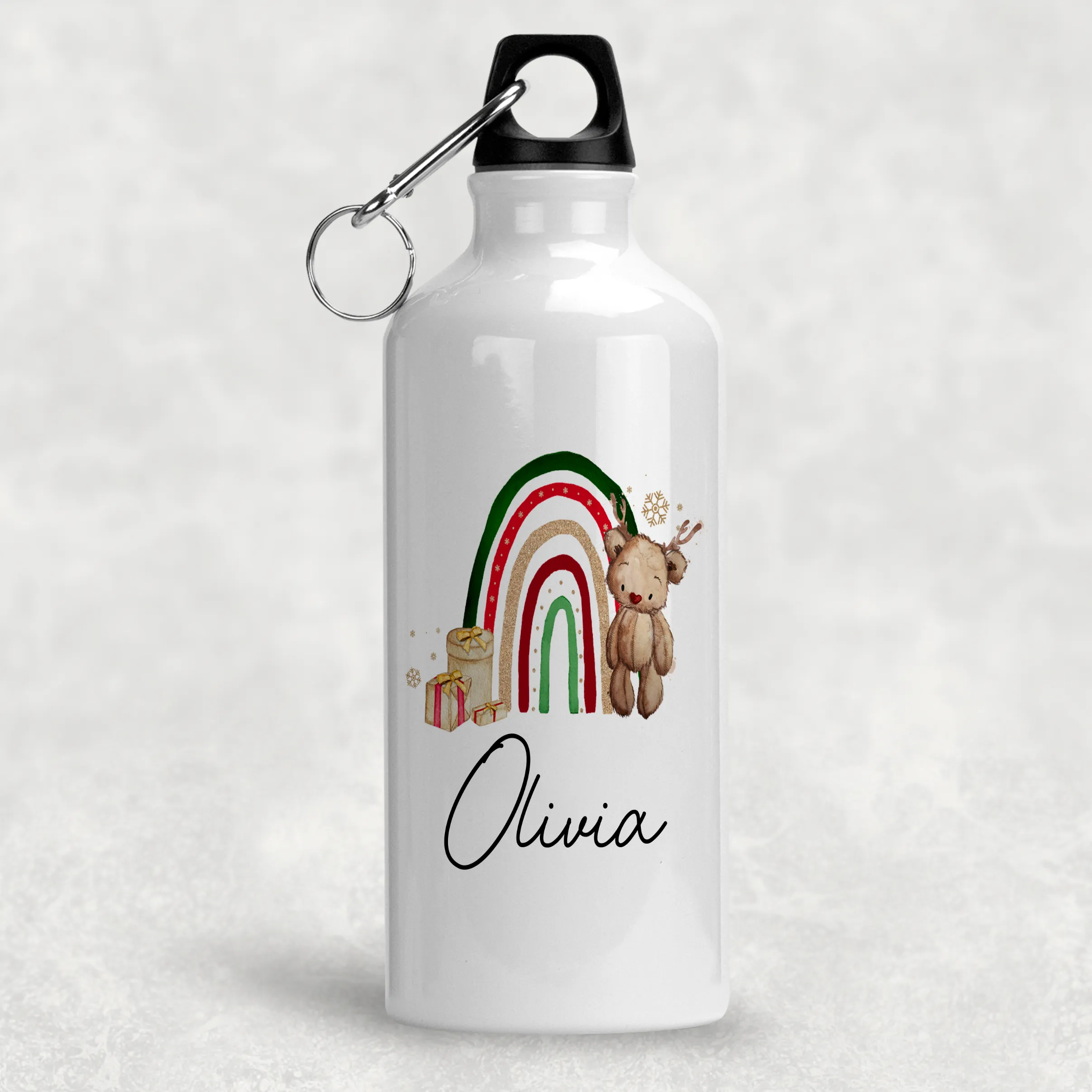 Reindeer Bear Rainbow Christmas Personalised Aluminium Water Bottle 400/600ml