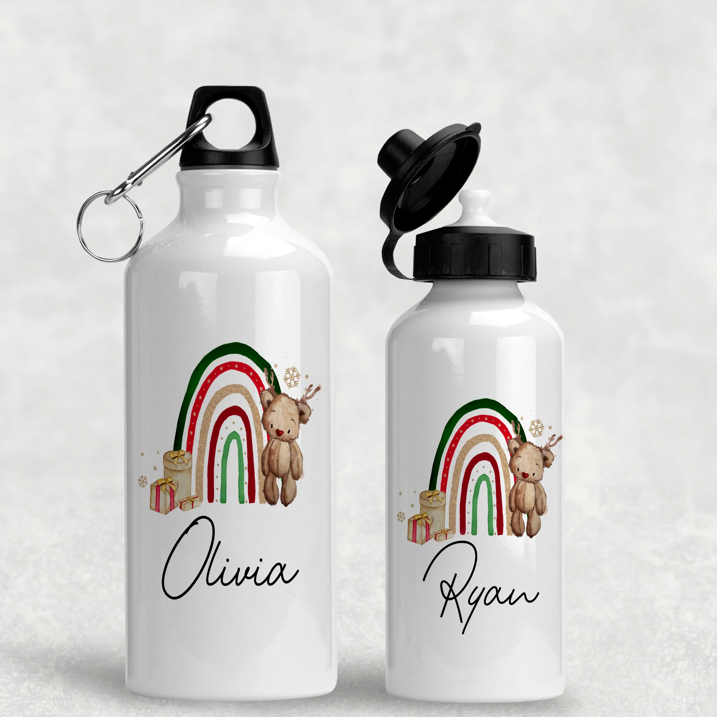 Reindeer Bear Rainbow Christmas Personalised Aluminium Water Bottle 400/600ml