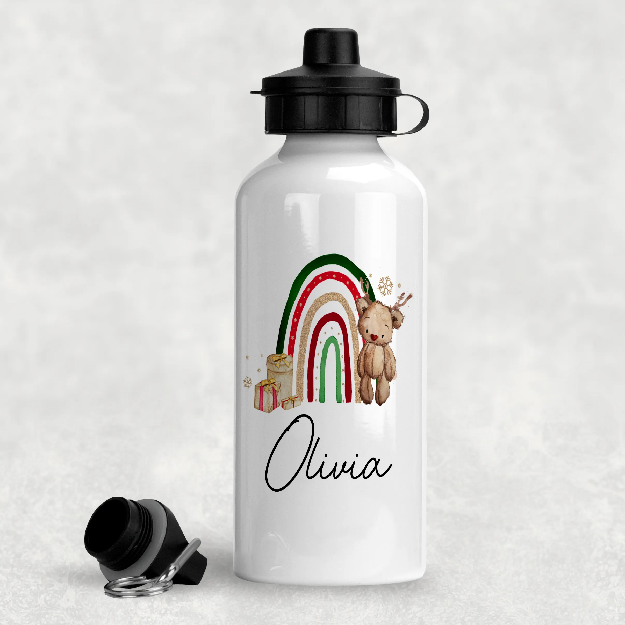 Reindeer Bear Rainbow Christmas Personalised Aluminium Water Bottle 400/600ml