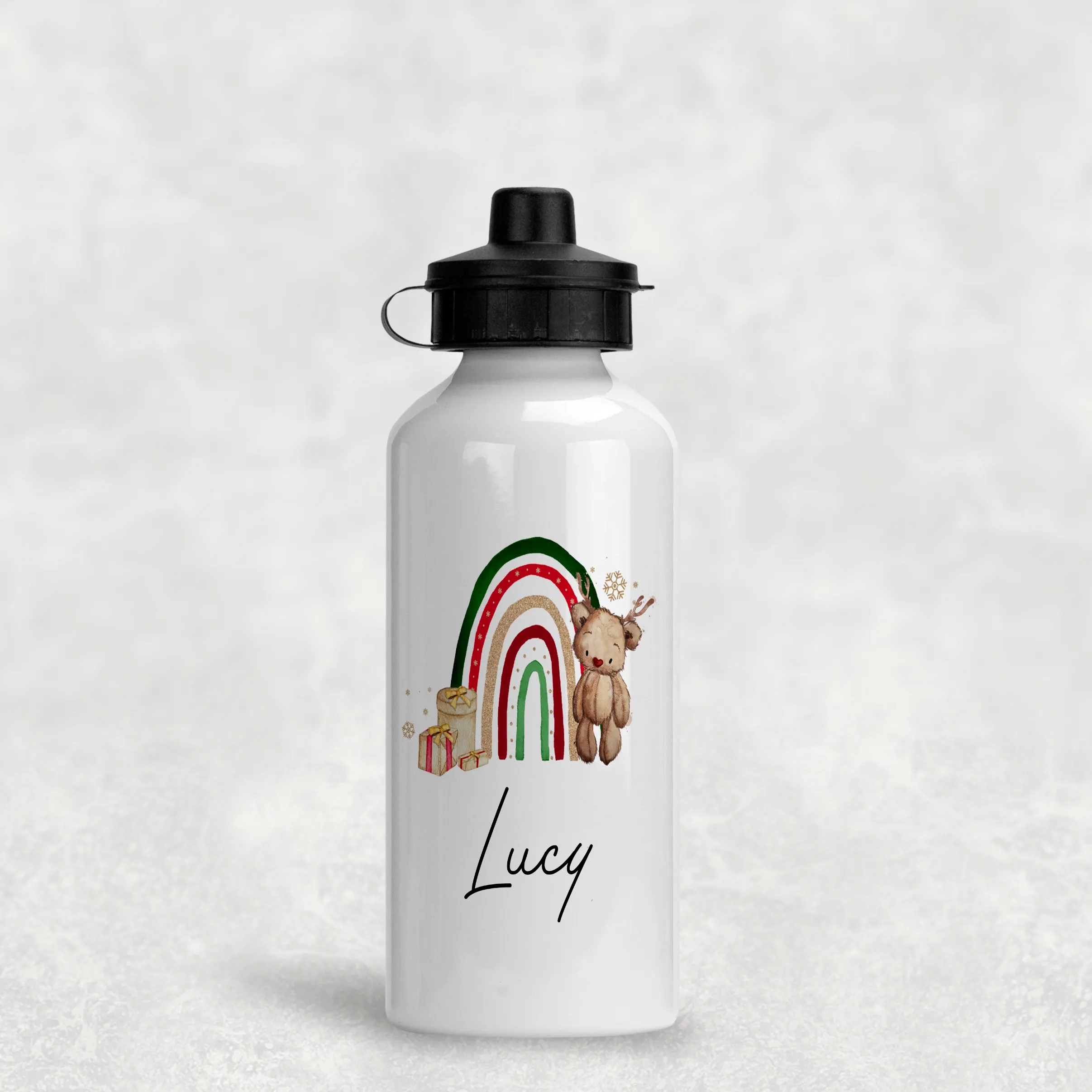 Reindeer Bear Rainbow Christmas Personalised Aluminium Water Bottle 400/600ml