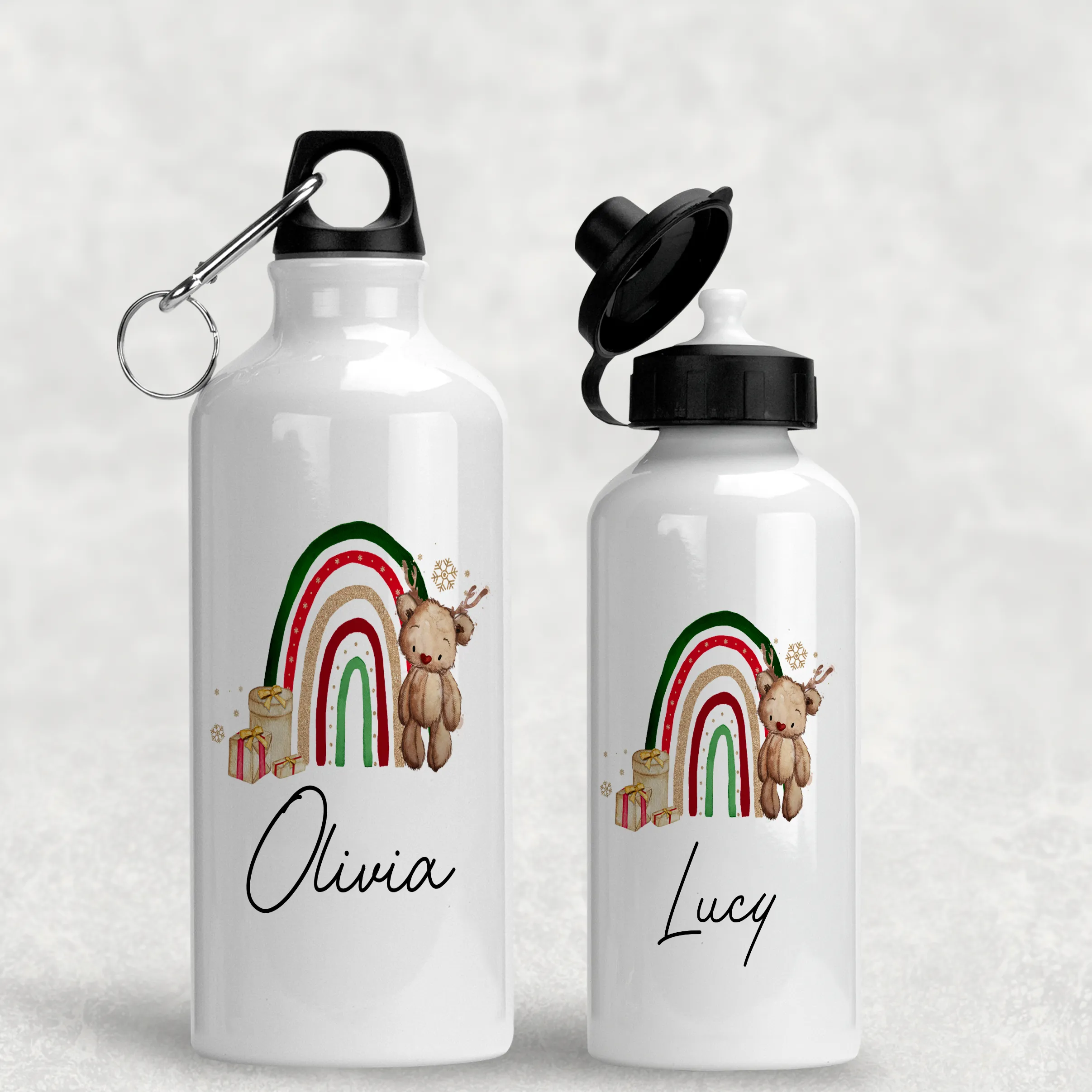 Reindeer Bear Rainbow Christmas Personalised Aluminium Water Bottle 400/600ml