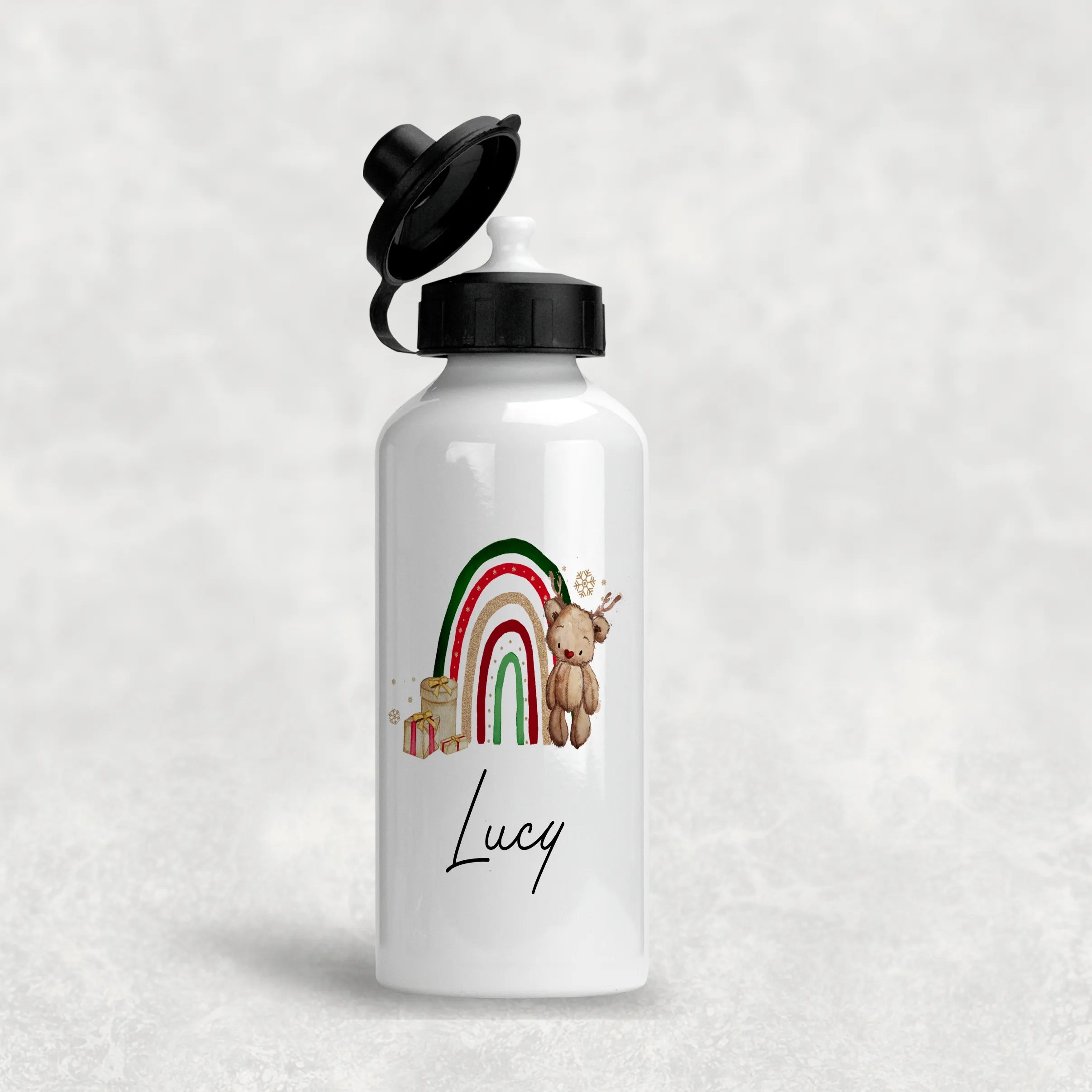 Reindeer Bear Rainbow Christmas Personalised Aluminium Water Bottle 400/600ml