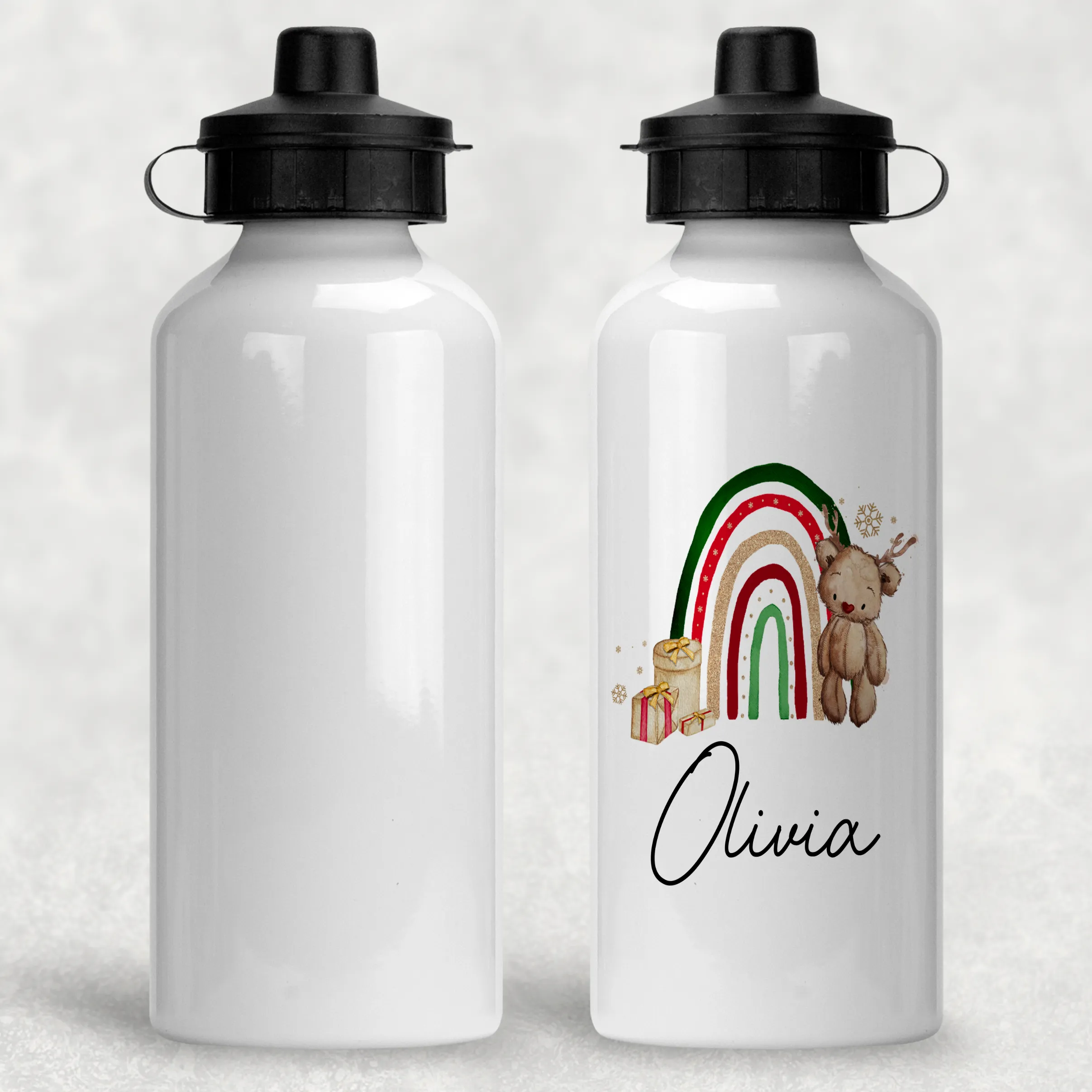 Reindeer Bear Rainbow Christmas Personalised Aluminium Water Bottle 400/600ml