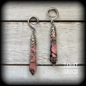 Rhodonite gauged earrings-Gemstone ear hangers