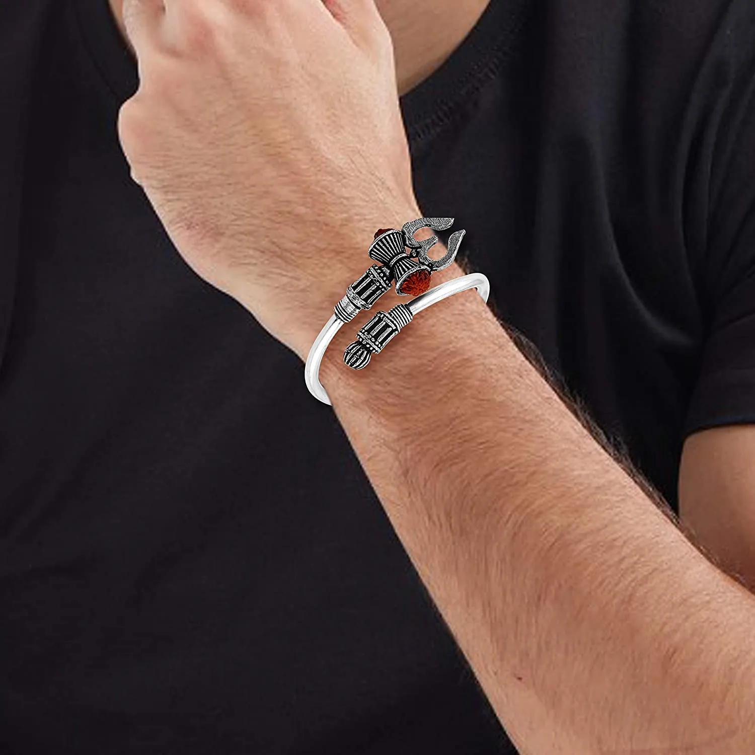 Rudraksha Trishul Damroo Designer Oxidized Silver Plated Metal Stylish Bahubali Cuff Kada Adjustable  Bracelet for Men & Women (Silver)