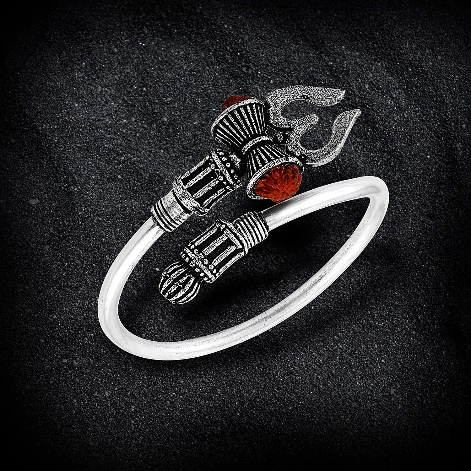 Rudraksha Trishul Damroo Designer Oxidized Silver Plated Metal Stylish Bahubali Cuff Kada Adjustable  Bracelet for Men & Women (Silver)