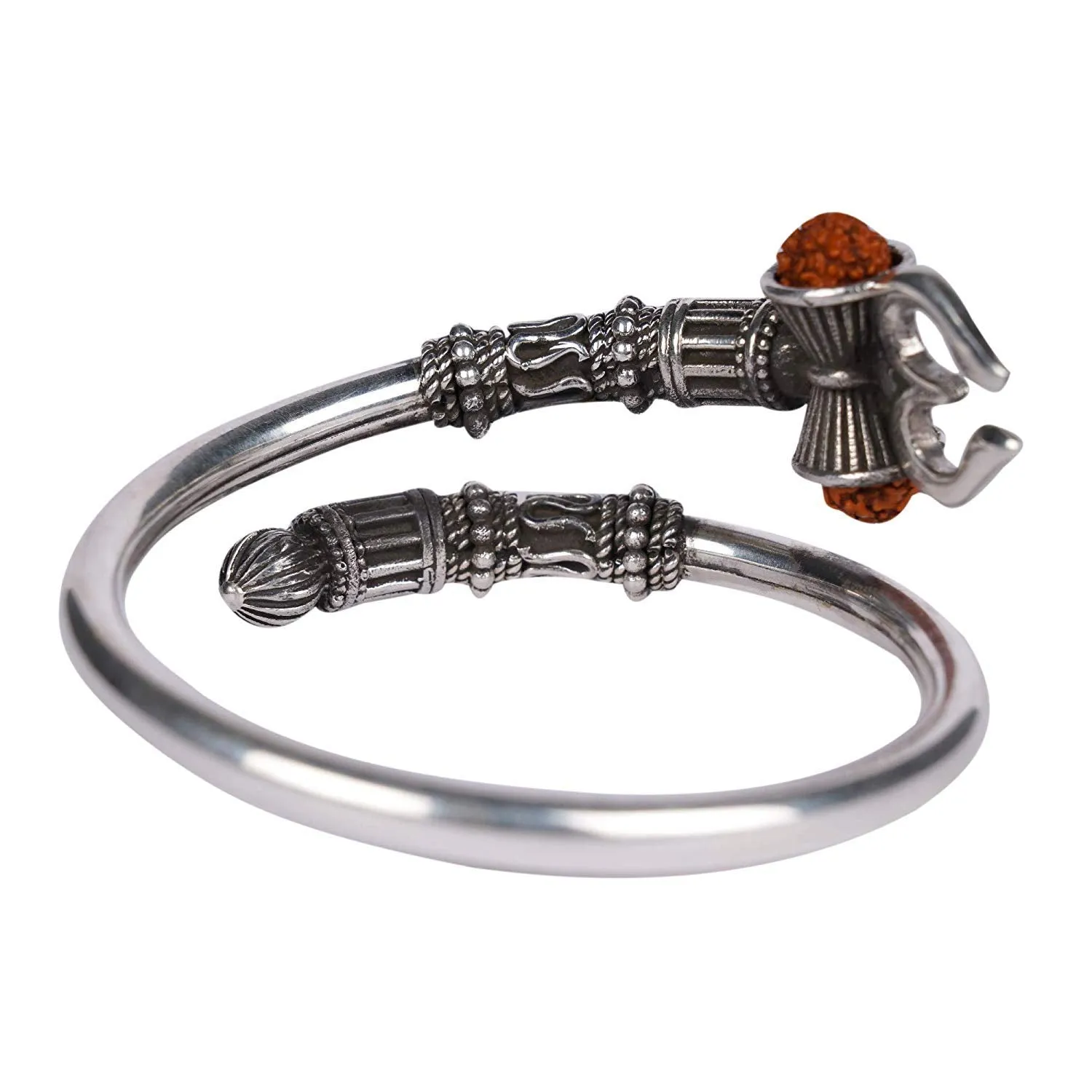 Rudraksha Trishul Damroo Designer Oxidized Silver Plated Metal Stylish Bahubali Cuff Kada Adjustable  Bracelet for Men & Women (Silver)