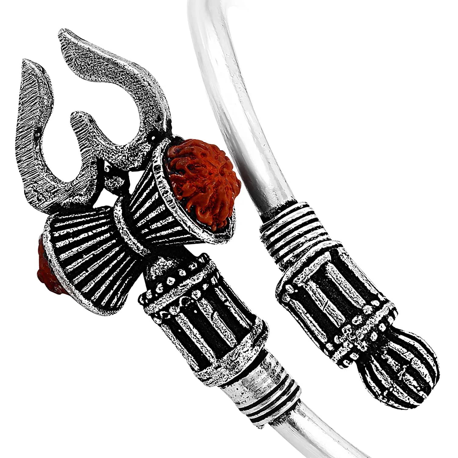 Rudraksha Trishul Damroo Designer Oxidized Silver Plated Metal Stylish Bahubali Cuff Kada Adjustable  Bracelet for Men & Women (Silver)