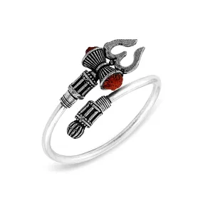Rudraksha Trishul Damroo Designer Oxidized Silver Plated Metal Stylish Bahubali Cuff Kada Adjustable  Bracelet for Men & Women (Silver)