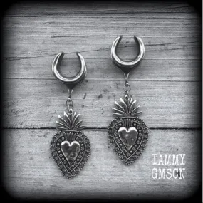 Sacred heart gauged earrings-Milagros heart ear hangers