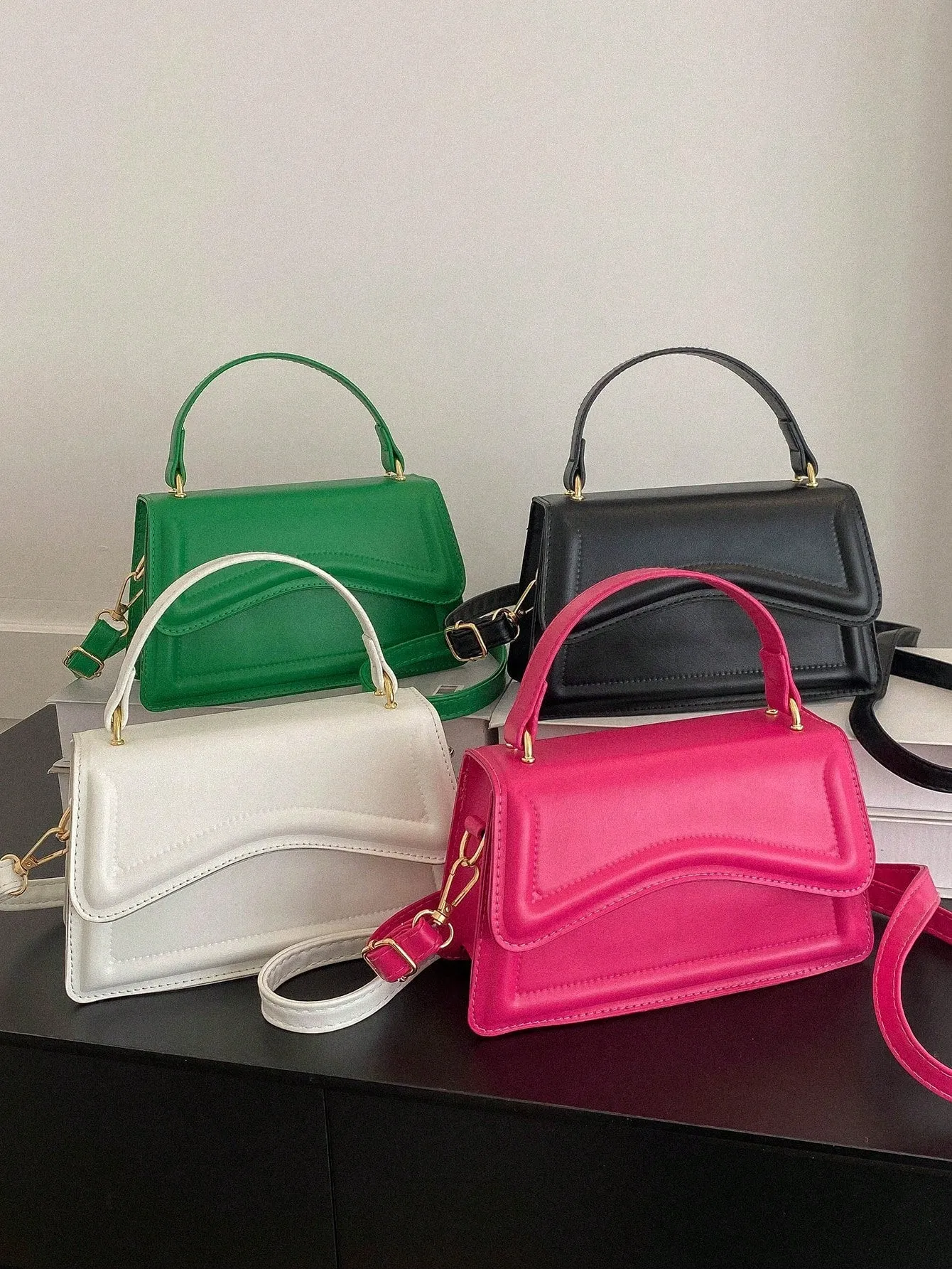 SHEIN Mini Square Bag Solid Black Top Handle Flap Design