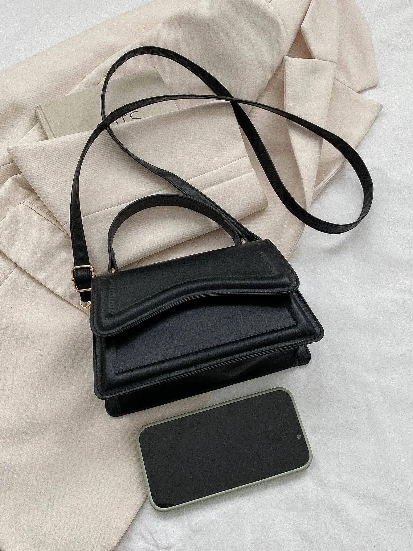 SHEIN Mini Square Bag Solid Black Top Handle Flap Design