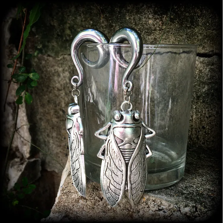 Silver cicada gauged earrings-Insect ear weights