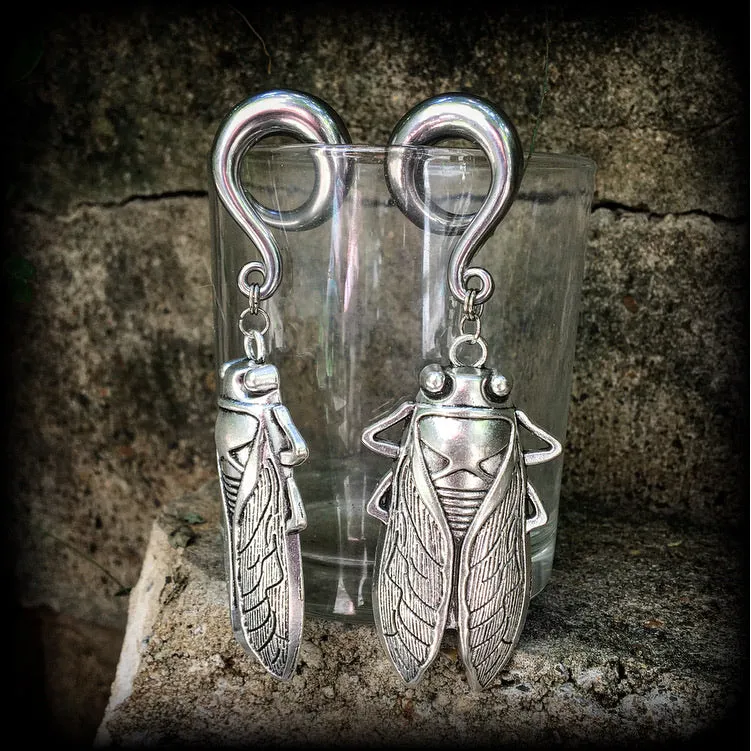 Silver cicada gauged earrings-Insect ear weights
