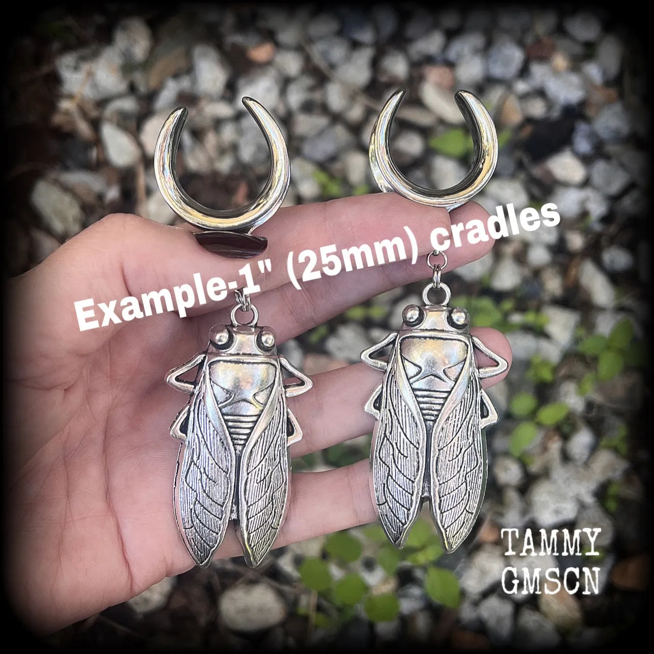 Silver cicada gauged earrings-Insect ear weights